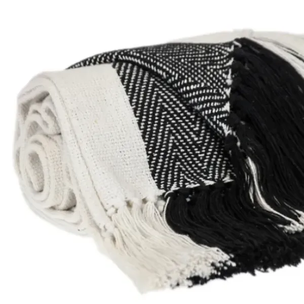 Blankets & Throws-Kirkland's Home Black Chalet Striped Fringe Throw Black/White