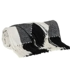 Blankets & Throws-Kirkland's Home Black Chalet Striped Fringe Throw Black/White