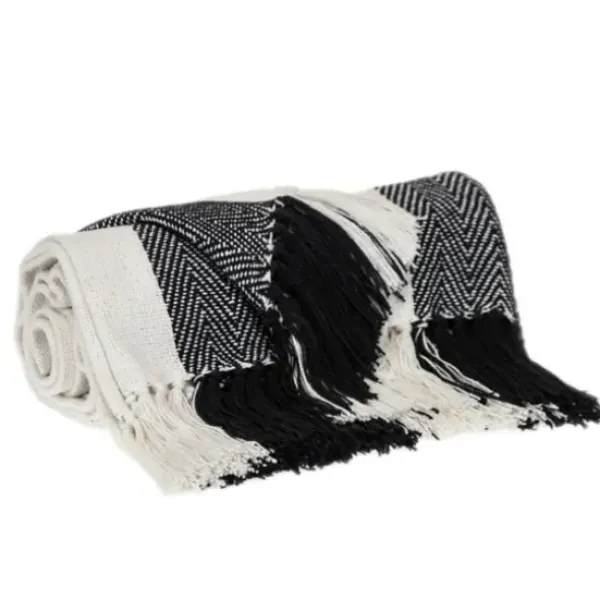 Blankets & Throws-Kirkland's Home Black Chalet Striped Fringe Throw Black/White