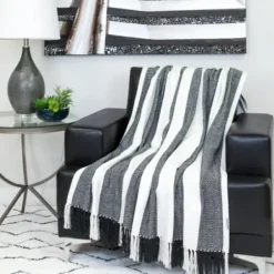 Blankets & Throws-Kirkland's Home Black Chalet Striped Fringe Throw Black/White