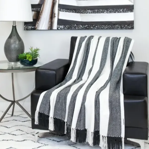 Blankets & Throws-Kirkland's Home Black Chalet Striped Fringe Throw Black/White