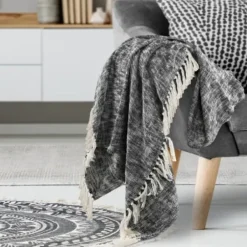 Blankets & Throws-Kirkland's Home Black Chambray Fringe Throw Black/White