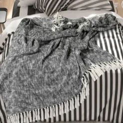 Blankets & Throws-Kirkland's Home Black Chambray Fringe Throw Black/White