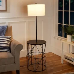 Floor Lamps-Kirkland's Home Black Cross Caged Table Base Floor Lamp White