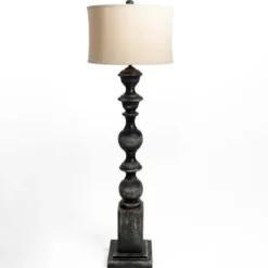 Floor Lamps-Kirkland's Home Black Distressed Carved Floor Lamp Tan