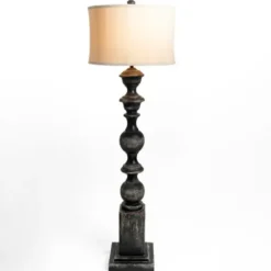Floor Lamps-Kirkland's Home Black Distressed Carved Floor Lamp Tan