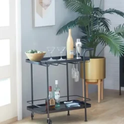 Kitchen Islands & Bar Carts-Kirkland's Home Black Iron And Glass Top Bar Cart