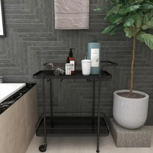 Kitchen Islands & Bar Carts-Kirkland's Home Black Iron And Glass Top Bar Cart
