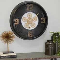 Clocks-Kirkland's Home Black Iron Frame Bronze Numeral Wall Clock