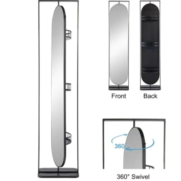 Full Length & Floor Mirrors-Kirkland's Home Black Iron Swivel Floor Mirror With Shelves