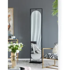 Full Length & Floor Mirrors-Kirkland's Home Black Iron Swivel Floor Mirror With Shelves