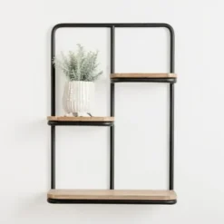 Shelves-Kirkland's Home Black Metal & Natural Wood Rounded Edge Wall Shelf