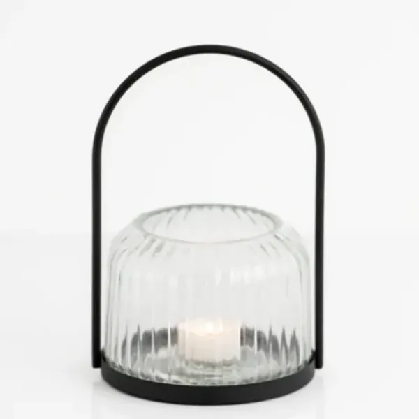Lanterns-Kirkland's Home Black Metal And Rippled Glass Lantern Black/Clear