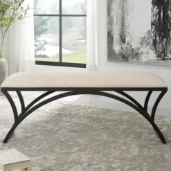 Benches & Ottomans-Kirkland's Home Black Metal Arched Frame Upholstered Bench Ivory