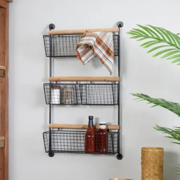 Wall Storage-Kirkland's Home Black Metal 4-Basket Wall Shelf