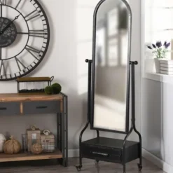 Full Length & Floor Mirrors-Kirkland's Home Black Metal Cheval Frame Mirror With Drawer