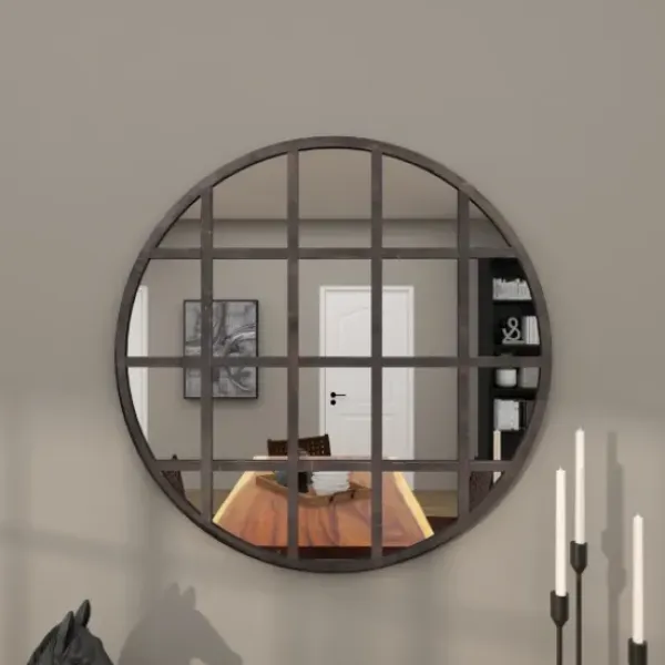 Decorative Mirrors-Kirkland's Home Black Metal Grid Overlay Round Mirror