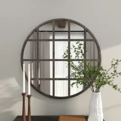 Decorative Mirrors-Kirkland's Home Black Metal Grid Overlay Round Mirror