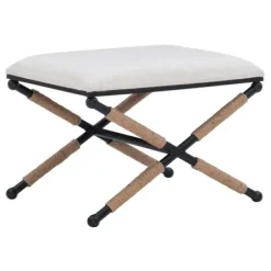 Benches & Ottomans-Kirkland's Home Black Metal Legs Accent Stool With Rope Detail White