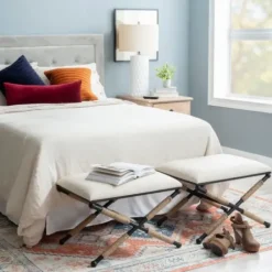Benches & Ottomans-Kirkland's Home Black Metal Legs Accent Stool With Rope Detail White