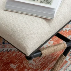Benches & Ottomans-Kirkland's Home Black Metal Legs Accent Stool With Rope Detail White