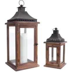 Lanterns-Kirkland's Home Black Metal Top Wood Lanterns, Set Of 2 Brown/Black