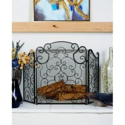 Fireplace Accessories-Kirkland's Home Black Metallic Scroll Three-Panel Fire Screen