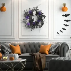 Wreaths-Kirkland's Home Black Purple Leaves Skull Hands Halloween Wreath