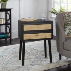 Accent & End Tables-Kirkland's Home Black Two-Drawer Rattan Front Accent Table