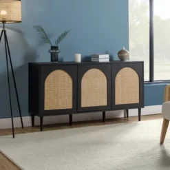 Cabinets & Sideboards-Kirkland's Home Black Wood And Cane Arched Sideboard Cabinet