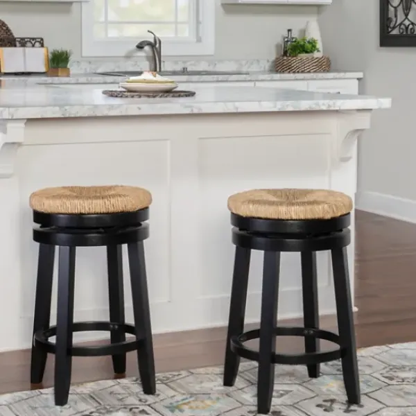 Bar Stools & Counter Height Stools-Kirkland's Home Black Wood Seagrass Seat Swivel Counter Stool Tan