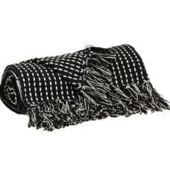 Blankets & Throws-Kirkland's Home Black Woven Pattern Wool Tassel Throw Black/White
