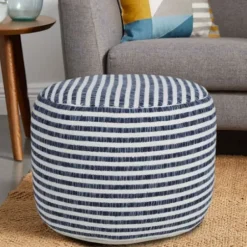 Pillows-Kirkland's Home Blue & White Stripe Organic Cotton Pouf Blue/White