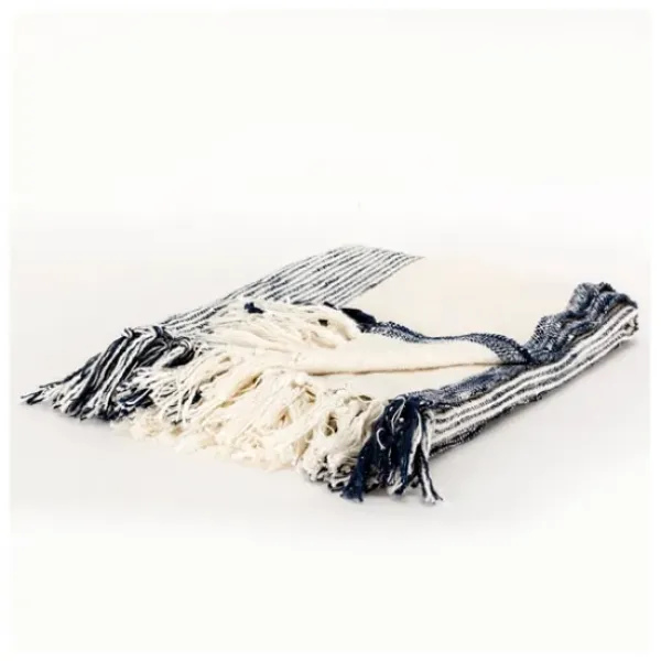 Blankets & Throws-Kirkland's Home Blue And Ivory Striped Woven Cotton Throw Blue/Ivory
