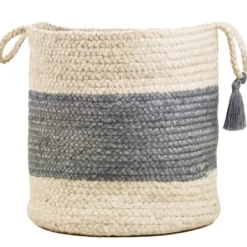 Baskets & Boxes-Kirkland's Home Blue And Tan Woven Jute Basket With Tassel, 17 In. Blue/Tan