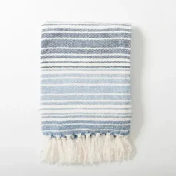 Blankets & Throws-Kirkland's Home Blue And White Chenille Crystal Stripes Throw Blue/White