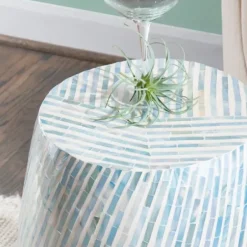 Accent & End Tables-Kirkland's Home Blue And White Mosaic Capiz Shell Drum End Table