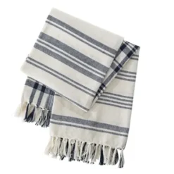 Blankets & Throws-Kirkland's Home Blue And White Striped Tassel Throw Blue/White