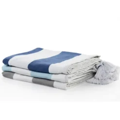Blankets & Throws-Kirkland's Home Blue Cabana Stripe Tassel Throw Blue/White