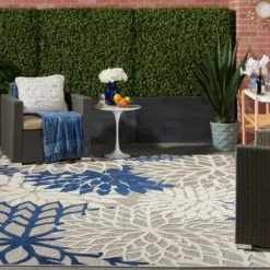 Outdoor Rugs-Kirkland's Home Blue Cassie Global Outdoor Area Rug, 5X8 Blue/White