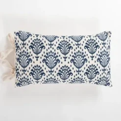Pillows-Kirkland's Home Blue Damask Print Side Tied Lumbar Pillow Blue/Ivory