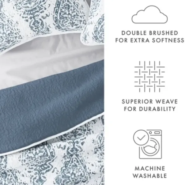 Quilts-Kirkland's Home Blue Damask Reversible 3-Pc. King Quilt Set Blue/White