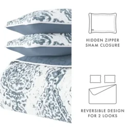 Quilts-Kirkland's Home Blue Damask Reversible 3-Pc. King Quilt Set Blue/White