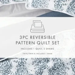 Quilts-Kirkland's Home Blue Damask Reversible 3-Pc. King Quilt Set Blue/White