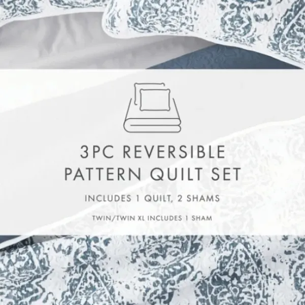 Quilts-Kirkland's Home Blue Damask Reversible 3-Pc. King Quilt Set Blue/White