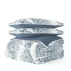Quilts-Kirkland's Home Blue Damask Reversible 3-Pc. Queen Quilt Set Blue/White