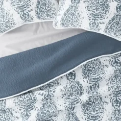 Quilts-Kirkland's Home Blue Damask Reversible 3-Pc. Queen Quilt Set Blue/White