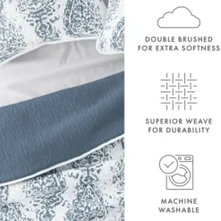 Quilts-Kirkland's Home Blue Damask Reversible 3-Pc. Queen Quilt Set Blue/White