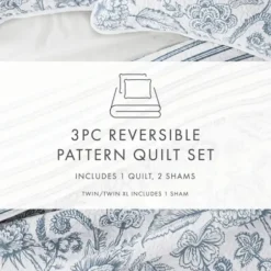 Quilts-Kirkland's Home Blue Jacobean Reversible 3-Pc. King Quilt Set Blue/White