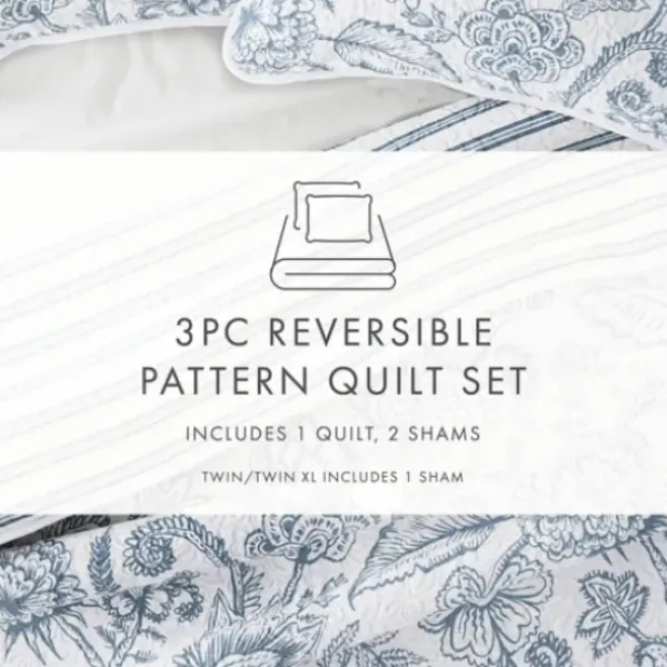 Quilts-Kirkland's Home Blue Jacobean Reversible 2-Pc. Twin Quilt Set Blue/White